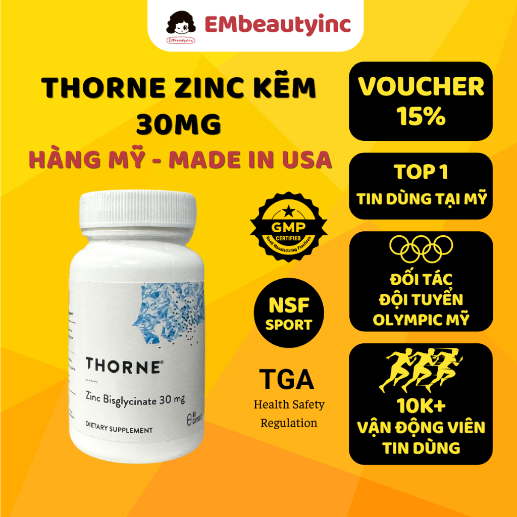 THORNE Zinc Bisglycinate Viên Uống Bổ Sung Kẽm Hỗ Trợ Giảm Mụn, Tăng Sức Đề Kháng - Hộp 60 Viên 30mg