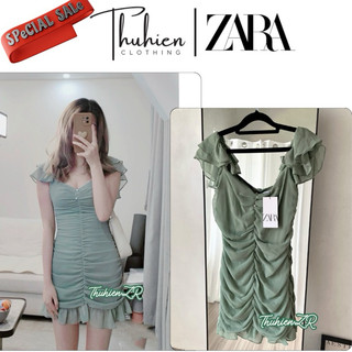 (Chính hãng size XS) Váy mini ZARA 2934/028 vải nhún xếp nếp đính đá ngực màu xanh(kèm ảnh thật)