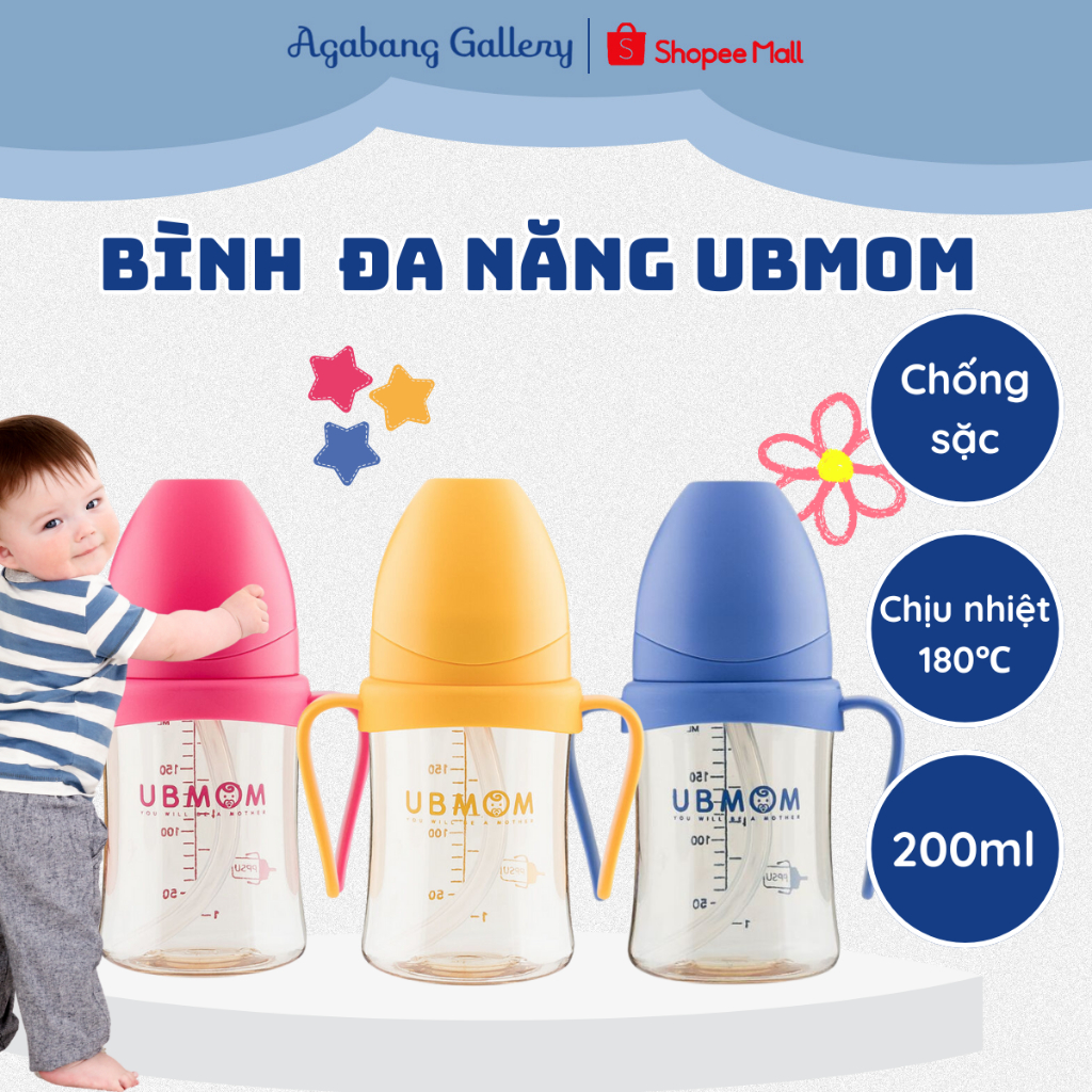 Bình Đa Năng UBMOM PPSU 200ML Cao Cấp, Chịu Nhiệt Độ Cao, Thiết Kế Đĩa Ngăn Chống Sặc Cho Bé, Giữ Nhiệt, Ống Hút Silicon