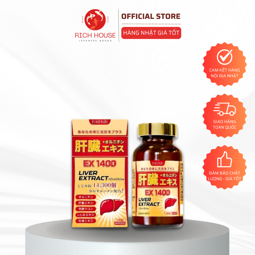 Viên Uống Bổ Gan Giải Độc Liver Extract & Ornithine Ex 1400 Eikenbi Nhật Bản - Hộp 180 viên