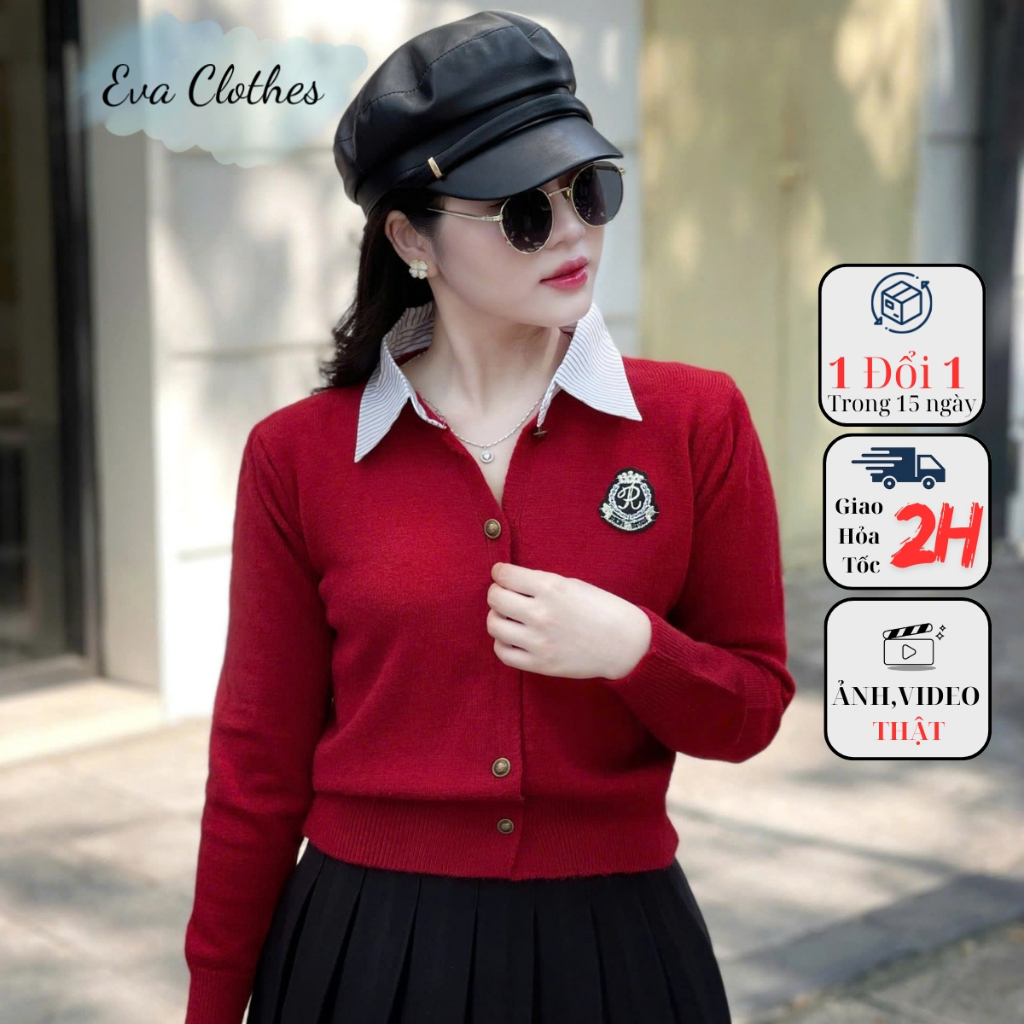 Áo Len Nữ Cổ Sơ Mi Phối Kẻ Kèm Tag Chữ Chất Len Ép Cao Cấp Mã 2602 Evaclothes