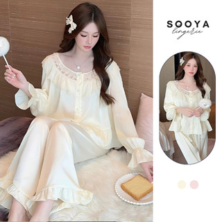  Bộ đồ ngủ lụa SOOYA cổ bèo phối ren mềm mại cao cấp mặc nhà sang chảnh quyến rũ N050 