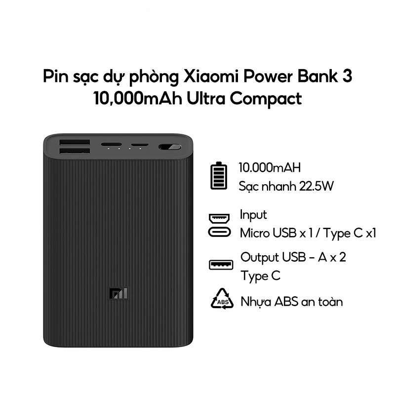 Pin sạc dự phòng Xiaomi Mi Power 3 Ultra Compact 10000mAh BHR4412GL