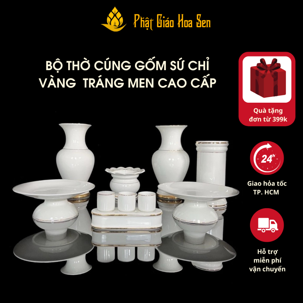 Bộ Thờ Cúng Gốm Sứ Tráng Men (MS 1515T) Gồm Lư Hương, Bình Hoa, Đĩa Trái Cây, Khay Nước Cao Cấp - Phật Giáo Hoa Sen