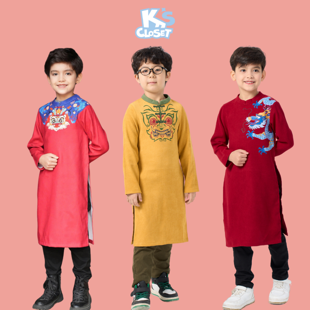 Áo Dài Tết Cách Tân K'S CLOSET Chất Liệu Nhung The Không Kèm Quần Cho Bé Trai Từ 10-50kg (2-14 tuổi)