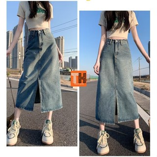 Chân váy jean dài xẻ tà lưng cao thanh lịch hiện đại vải jean co giãn tốt