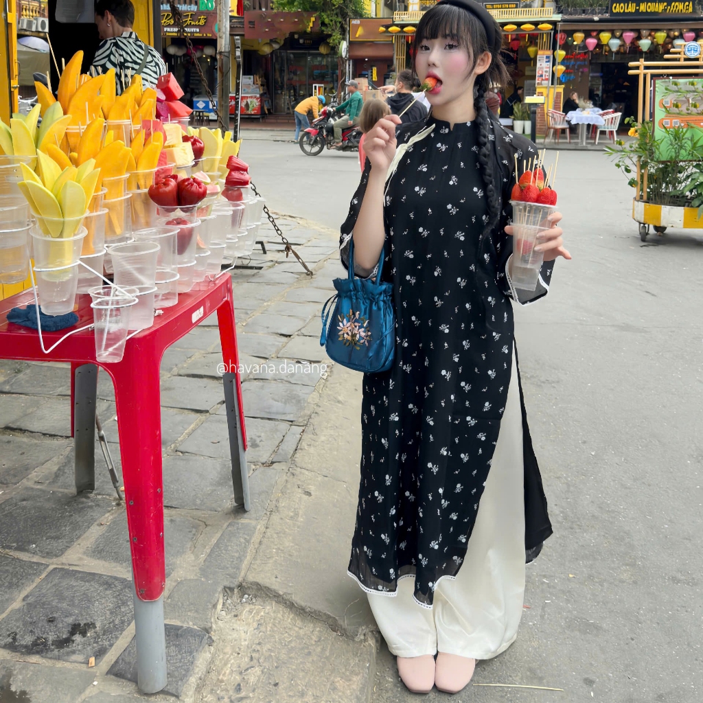  Áo dài QUỲNH CHI hoạ tiết hoa nhí phối dây buộc nơ kèm quần lụa ngọc HAVANA AD91 