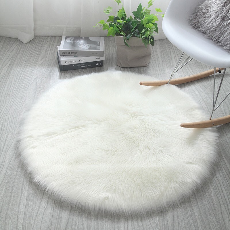Thảm Lông Trắng Tròn Trang Trí Kệ Tủ