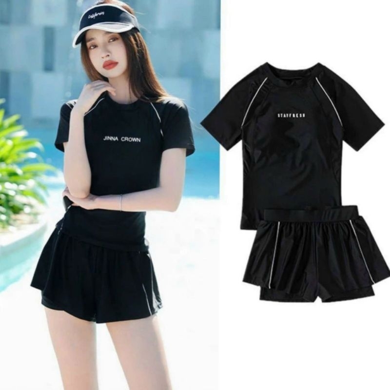 Đồ bơi 2 mảnh áo tay ngắn phối viền quần đùi 2 lớp chất thun bơi co giãn cao cấp đủ màu.size M,L,XL,