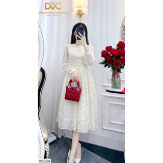 v5254 Váy thiết kế DVC vải ren phối tơ hoạ tiết hoa nổi tay phồng tiểu thư, váy đi tiệc sang chảnh