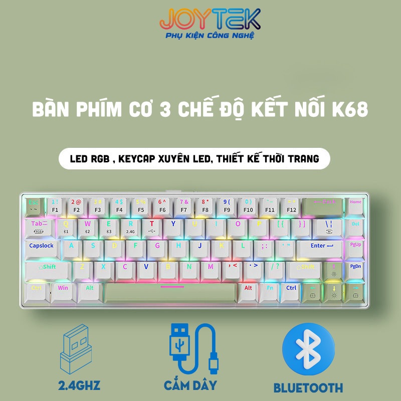 Bàn phím cơ K68 bluetooth 3 mode kết nối không dây 2.4G, có hotswap, đèn led xuyên phím RGB 20 chế độ, pin 2000Mah | BigBuy360 - bigbuy360.vn
