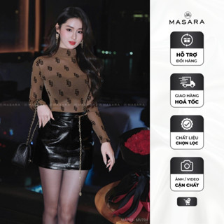 [ÁO] Áo nữ Masara form ôm body cổ lọ màu nâu, chất lưới nhũ đính chữ ED óng ánh MA785
