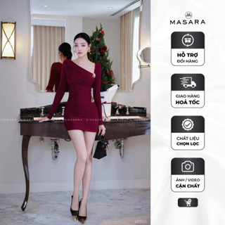 Đầm nữ Masara form ôm tay dài, chất thun đỏ đô lệch vai phối nút vàng nổi bật MD809