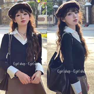 Áo croptop màu đen,áo crt thun nữ kiểu phối cổ sơ mi trắng ôm body tay dài cá tính đẹp Egirl