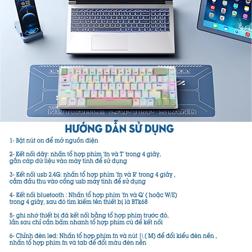 Bàn phím cơ K68 bluetooth 3 mode kết nối không dây 2.4G, có hotswap, đèn led xuyên phím RGB 20 chế độ, pin 2000Mah | BigBuy360 - bigbuy360.vn