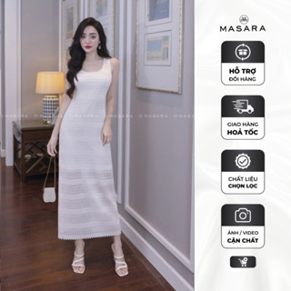 Đầm nữ Masara chất ren thun co giãn màu trắng form dài cổ vuông quyến rũ