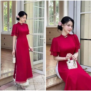  Áo dài cách tân màu đỏ đô 4  tà tay bồng đính hoa cực xinh - Áo Dài Đan Linh 