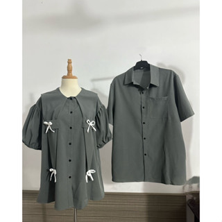 (S- 22) Set đồ đôi nam nữ couple áo sơmi babydoll cổ vạt nhọn thuỷ thủ + áo sơmi nam chất sần Menswear Có Cổ