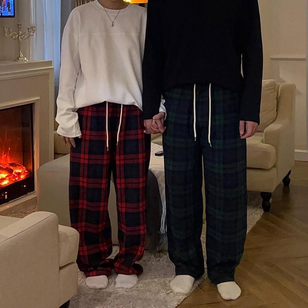 Quần Dạ Kẻ Plaid Pants Form Suông Unisex chất dạ Menswear Pants Nam Nữ dây rút dài