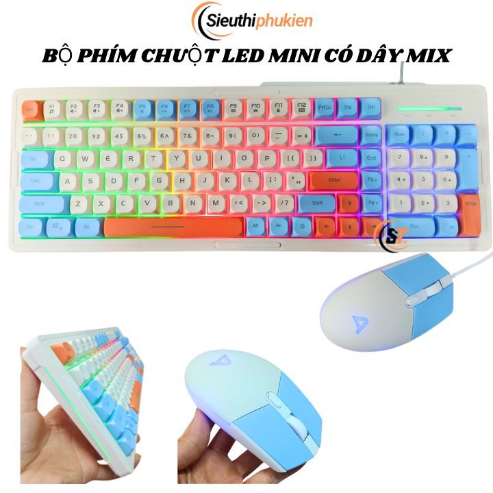 Combo bàn phím + chuột có dây Led KM2000 bản mix trắng , phím giả cơ led, bàn phím mini