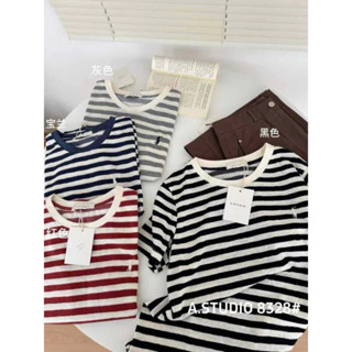 Áo Thun Cộc Tay Thêu Ngựa Kẻ Ngang, Áo Phông Sunrise Dáng Babytee Cho Nữ Quảng châu M8328 New2025