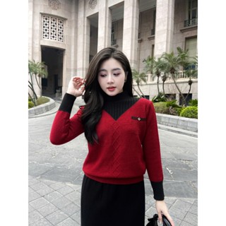  Áo len nữ Evalover mã 2807 phối màu cổ V viền tay áo đính đá chất len mềm mịn co giãn 
