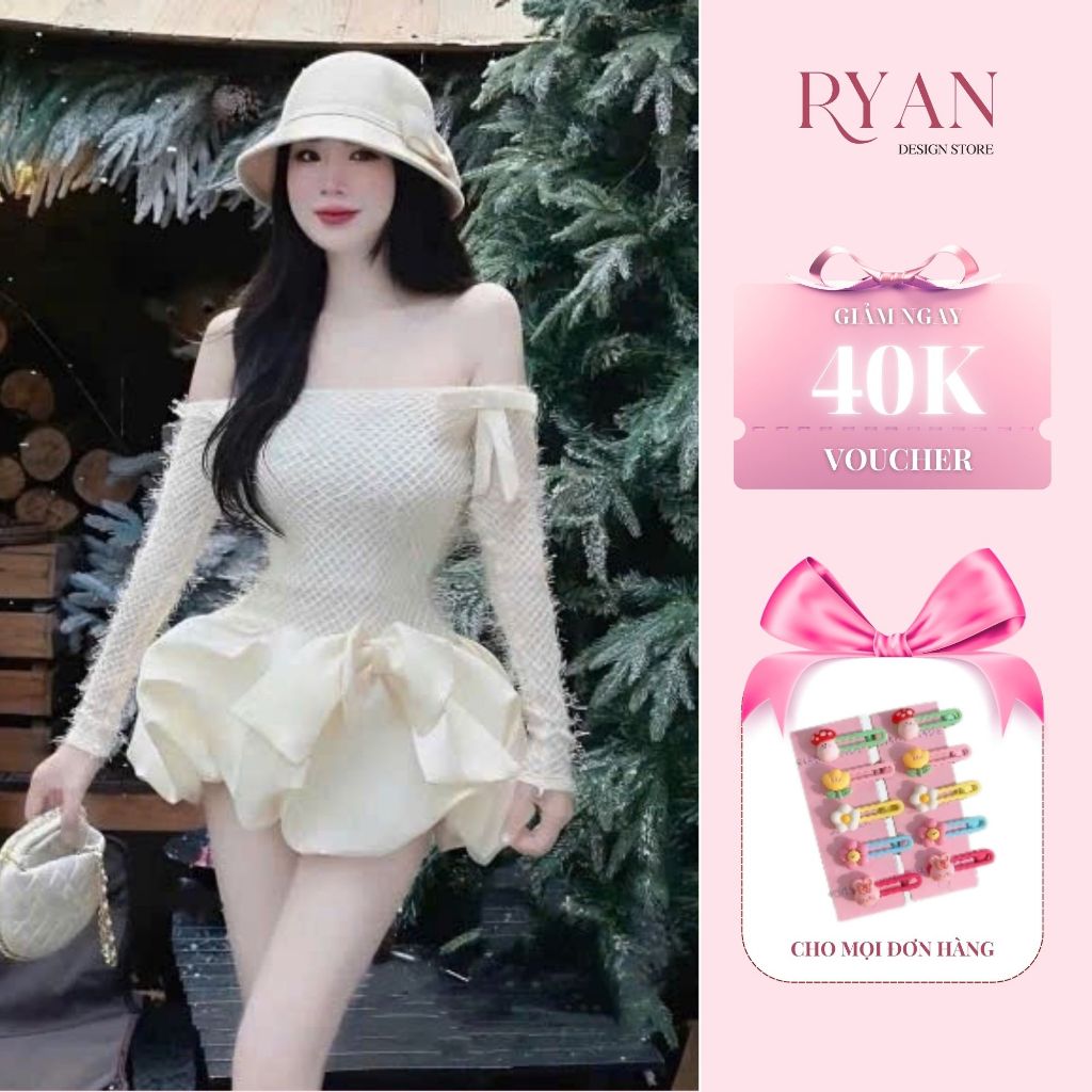 Đầm dự tiệc trễ vai đính nơ xinh ren phối lông tơ đi tiệc cưới, giáng sinh (H60)- Ryan Design Store