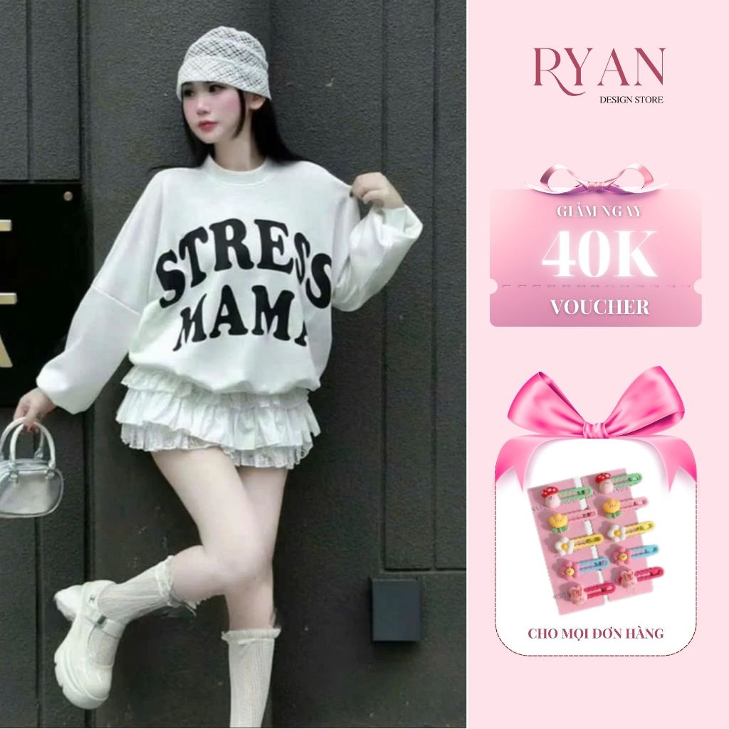 Set bộ đồ nữ Stress Mama áo nỉ sweater in 2 mặt mix chân váy xòe viền gấu ren (H49)- Ryan Design Sto