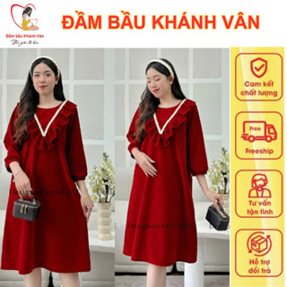  Đầm Váy Bầu Nhung Lì Đầm Bầu Thiết Kế Bầu Dài Tay Dáng Babydoll Bầu Mặc Tết Noel Siêu Xinh - Váy Bầu Nhung Đỏ 