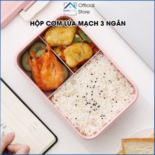 Hộp cơm lúa mạch 3 ngăn, Hộp đựng cơm văn phòng có thể quay lò vi sóng Tặng đũa thìa inox