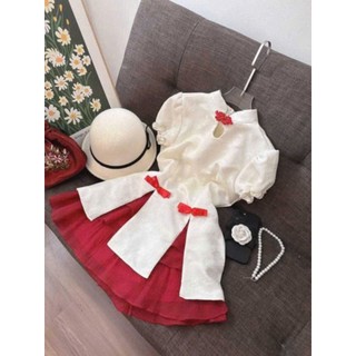  Set đồ mẹ và bé gái chân váy đỏ áo cổ tàu trắng tay phồng bé gái và mẹ ,sét bộ cổ tàu kèm chân váy mẹ và bé 