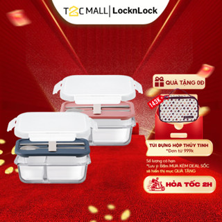 Hộp Cơm Văn Phòng LocknLock Thủy Tinh Cao Cấp Chia 2 Ngăn Kèm Đũa Thìa 930ml LLG991CL T2Cmall