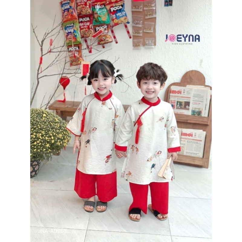 set áo dài tết 2025, set áo dài cách tân bé trai bé gái Joeyna tơ lụa cao cấp kèm bờm bé gái, bé chụ