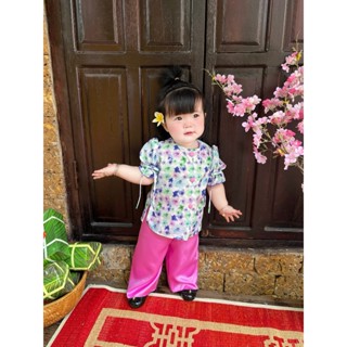 Bộ quần áo bà ba vải lụa tay ngắn loe hoa Tường Vy bé gái mặc đi chơi, lễ chùa, mặc tết