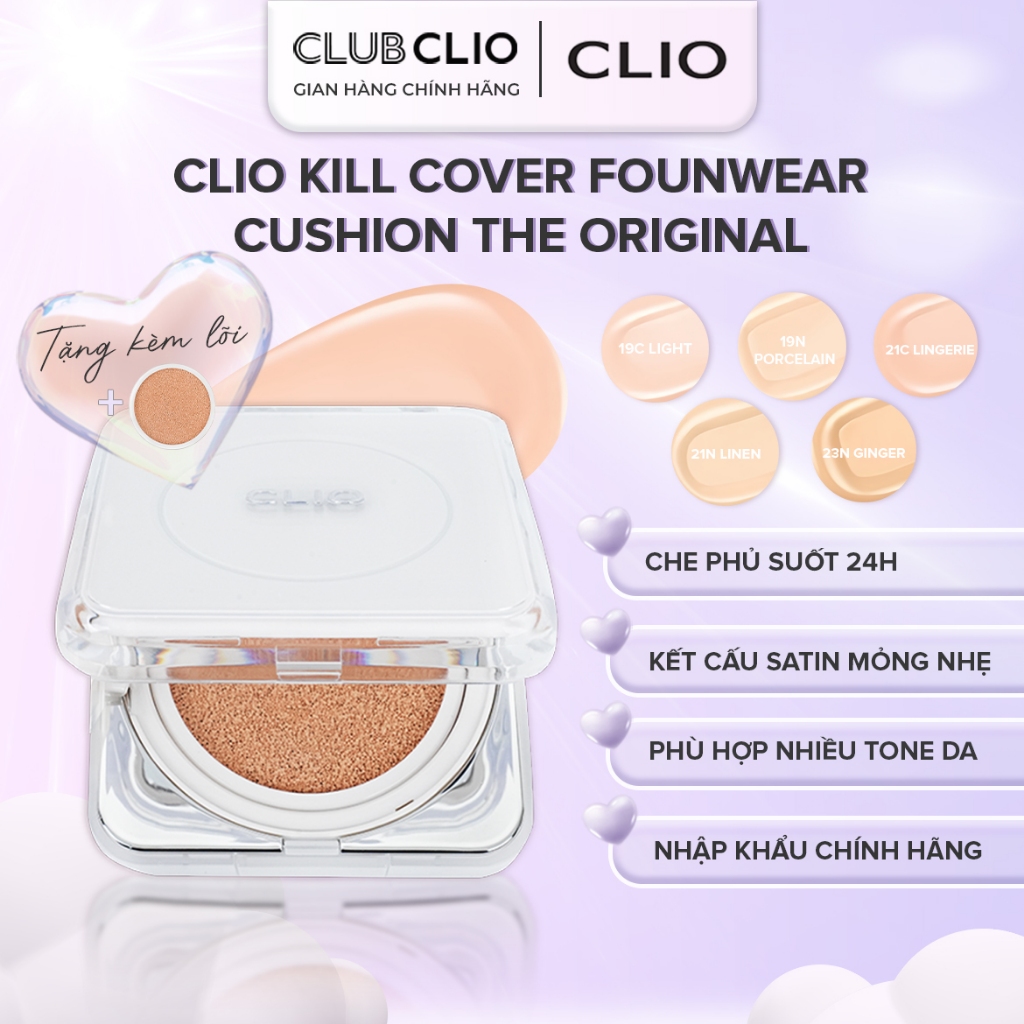 Phấn nước CLIO Kill Cover Founwear Cushion The ORIGINAL 15g Che Khuyết Điểm Hoàn Hảo Chính Hãng (Tặn