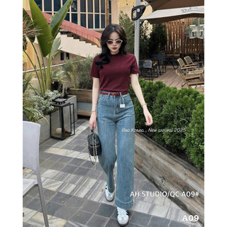 Quần jean nấm co dãn 90cm kèm đai đỏ tôn dáng