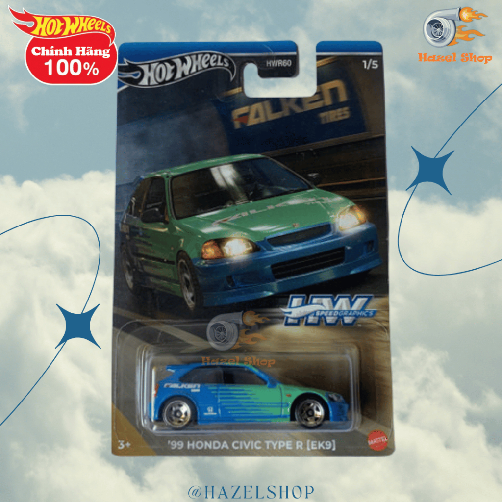 Hazel Shop - Xe mô hình Hot Wheels 99 Honda Civic Type R (EK9) Màu xanh - Tem Falken