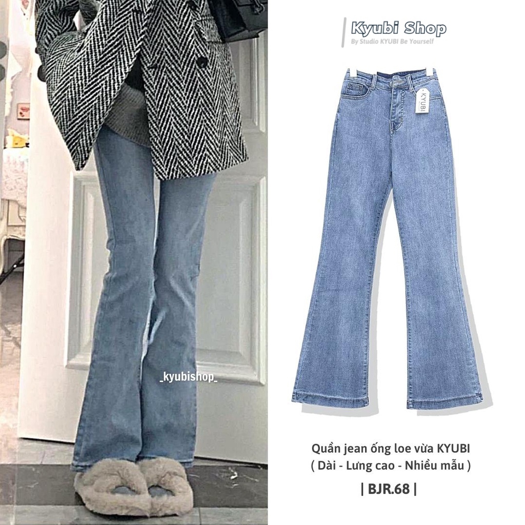 Quần jean ống loe nữ cạp lưng cao KYUBI màu xanh nhạt Retro phong cách Hàn quốc (Có bigsize) - Quần ống bass vẩy JL68