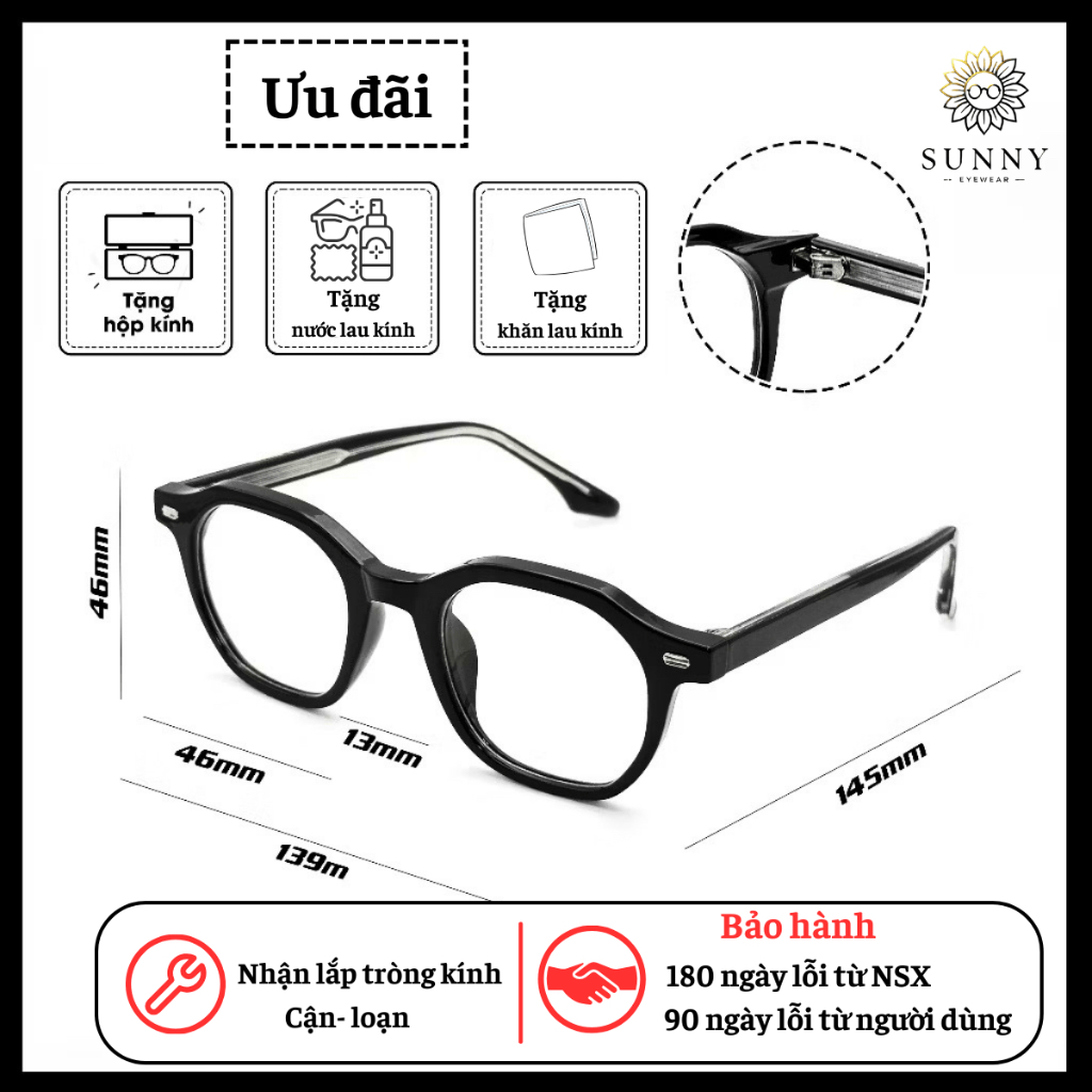 S006 - Gọng kính cận thời trang nam nữ Sunny Glasses chất liệu nhựa cứng kim loại nhé