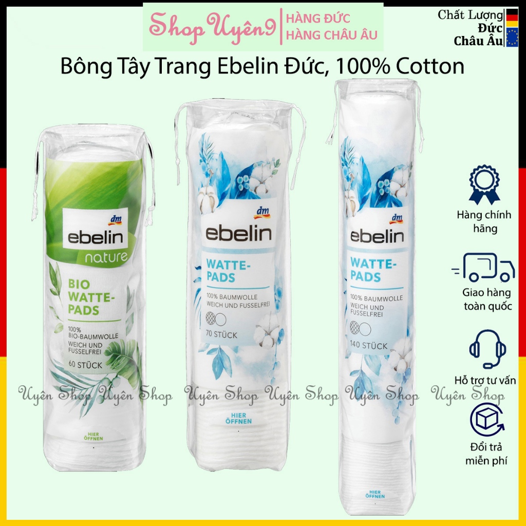 Bông Tẩy Trang Ebelin HÀNG ĐỨC Bio 60 miếng, Ebelin 140 Miếng, 70 Miếng, 100% cotton, Mịn Mềm