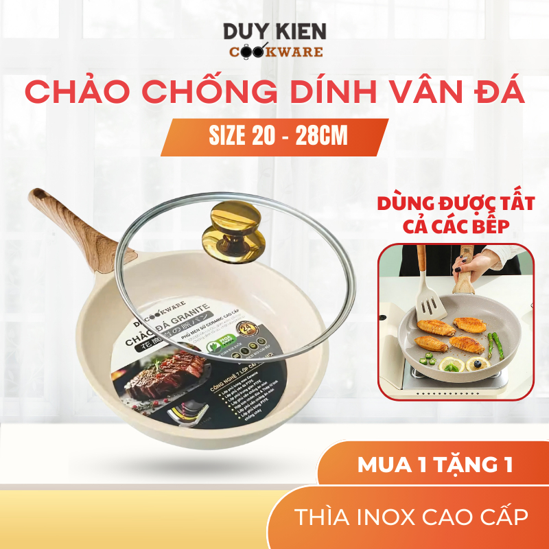 [HỎA TỐC HCM] Chảo đá chống dính DuyKien, chảo bếp từ, vân đá cao cấp, chảo có nắp 20cm 24cm 28cm dùng cho mọi loại bếp