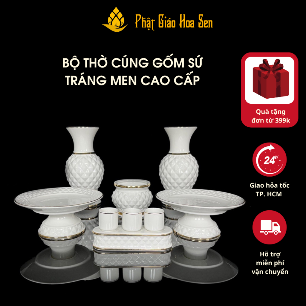 Bộ Thờ Cúng Gốm Sứ Tráng Men (MS 2021) Gồm Lư Hương, Bình Hoa, Đĩa Trái Cây Gốm Sứ Cao Cấp - Phật Giáo Hoa Sen