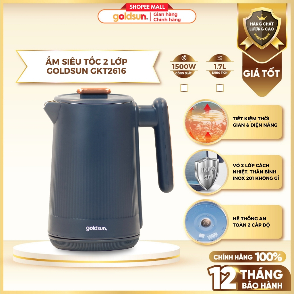 Ấm siêu tốc 2 lớp Goldsun GKT2616 dung tích 1.7L đun siêu tốc, tự ngắt khi sôi