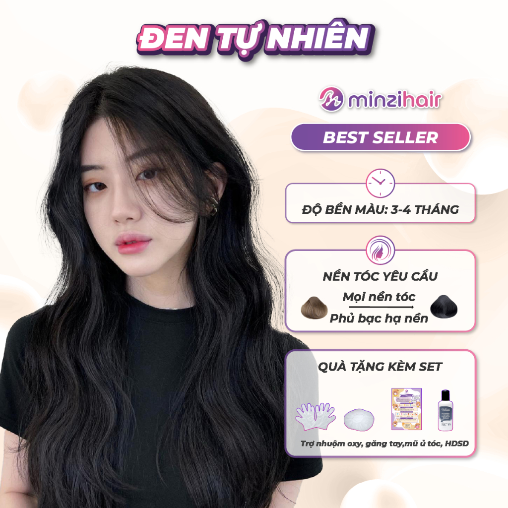 Thuốc nhuộm tóc Màu Đen Tự Nhiên Minzihair - nhuộm đen, phủ bạc, hạ nền mọi nền tóc - Minzihair HCM