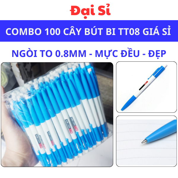 Combo 100 bút bi mực xanh TT-08 - bút - bút bi xanh giá rẻ - bút bi ngòi 0.8 giá rẻ - Đại Sỉ