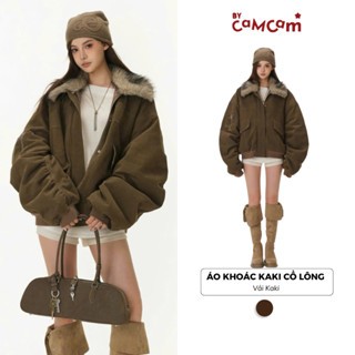 Áo Khoác Kaki Cổ Lông Bycamcam Tay Nhún Phong Cách Retro Đường Phố Hàn Quốc