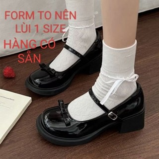 LÙI 1 SIZE Giày lolita đính nơ đế cao 5cm dễ đi mềm nhẹ da bóng mềm HM032