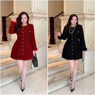 Váy Dạ Tweed Kim Tuyến Cao Cấp Dáng Ngắn Tay Phối Lông Bigsize mã V112