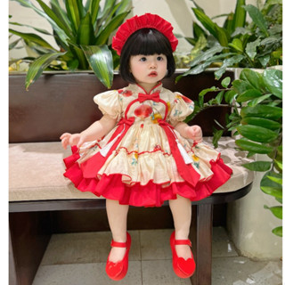 (Độc Quyền)Váy Lolita Cổ Tàu Cô Ti.ên Đũi Lụa Kèm Cài Và Chip 4-20 Kg,1 Tháng -5 Tuổi,Váy Cho Bé Gái Đầy Tháng Sinh Nhật