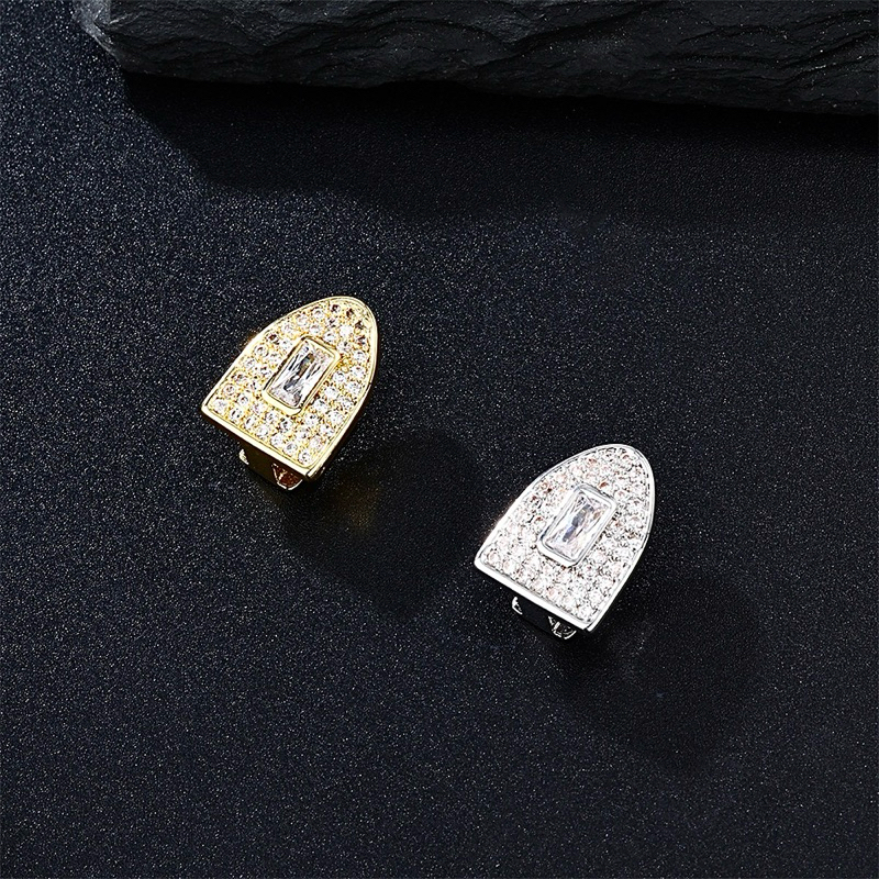 Grillz trang sức răng đơn đính đá full hình chữ nhật giữa răng vàng bạc hiphop
